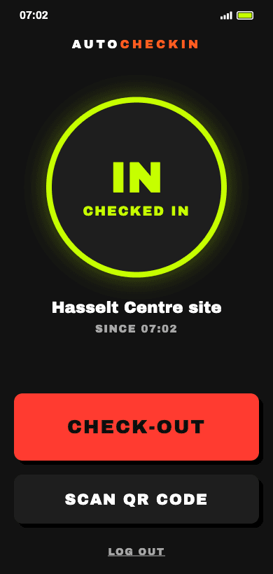 AutoCheckIn app for workers on an iPhone — automatic Check In at Work registration, checked-in status at a glance