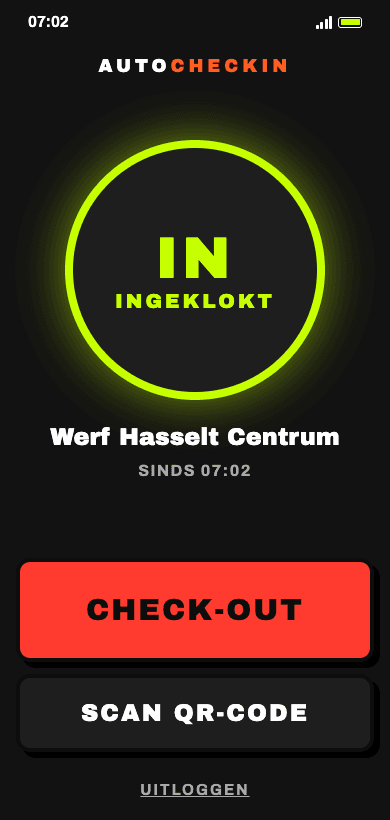 AutoCheckIn app voor arbeiders op een iPhone — automatische Check In at Work registratie, ingeklokt-status in één oogopslag