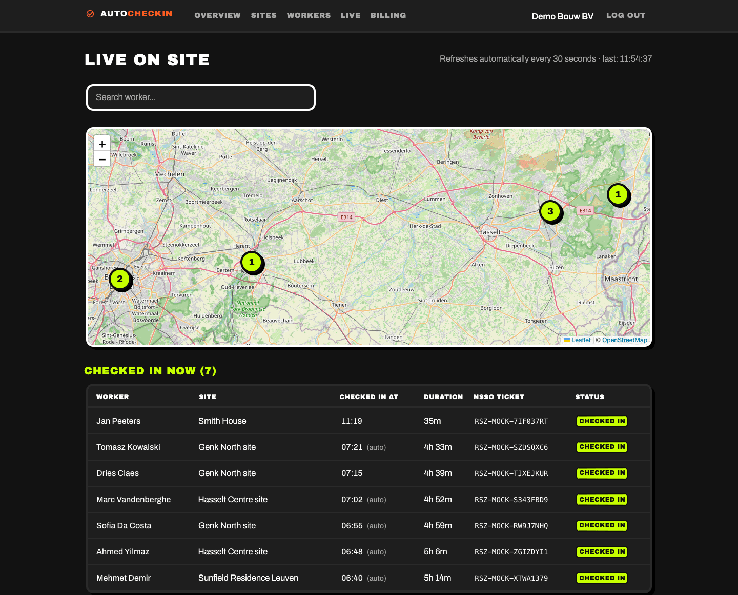 AutoCheckIn dashboard for the site manager on a MacBook — live construction site attendance on the map