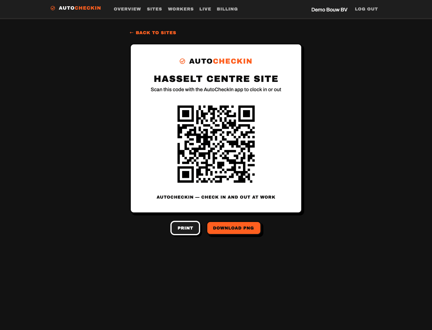 Printable QR poster per site in AutoCheckIn — scan to clock in or out