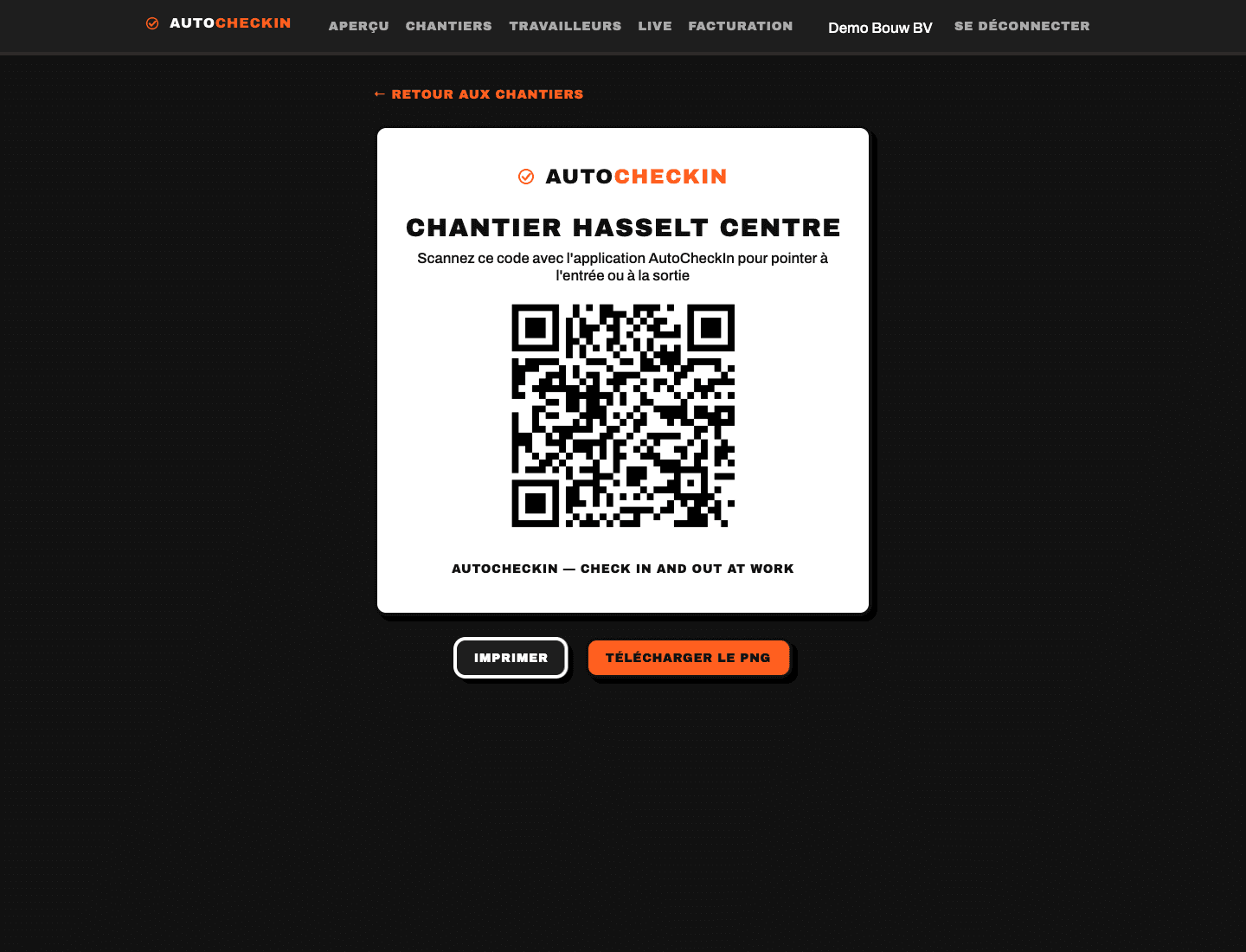 Affiche QR imprimable par chantier dans AutoCheckIn — scanner pour pointer à l'entrée ou à la sortie