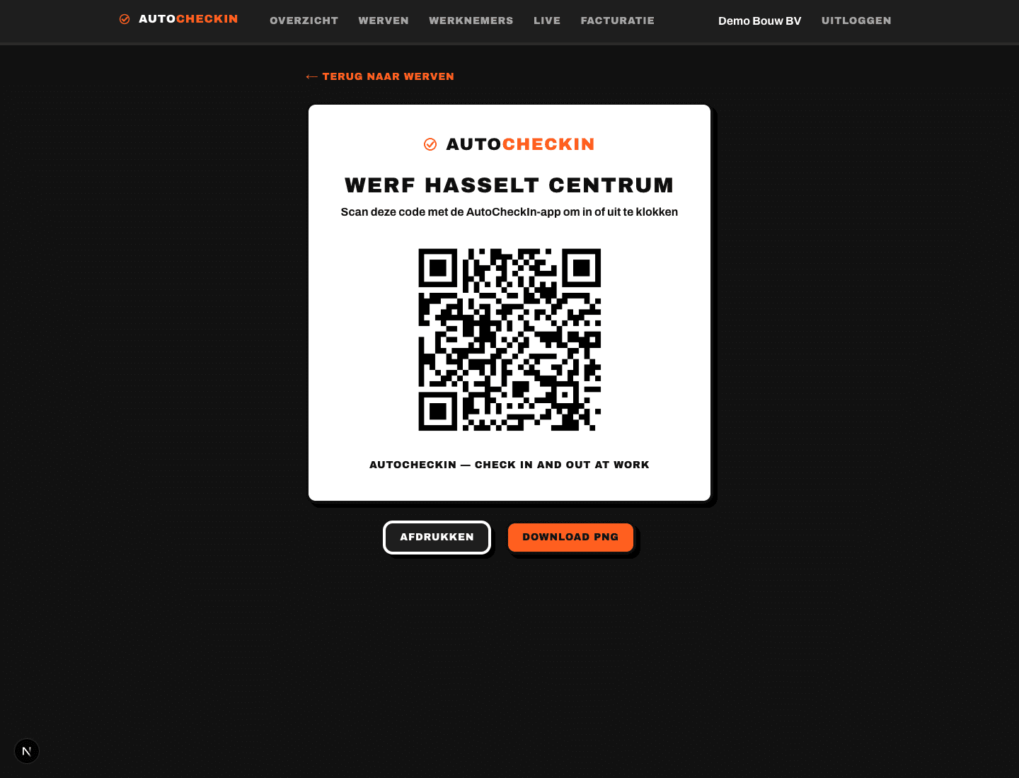 Printbare QR-affiche per werf in AutoCheckIn — scannen om in of uit te klokken