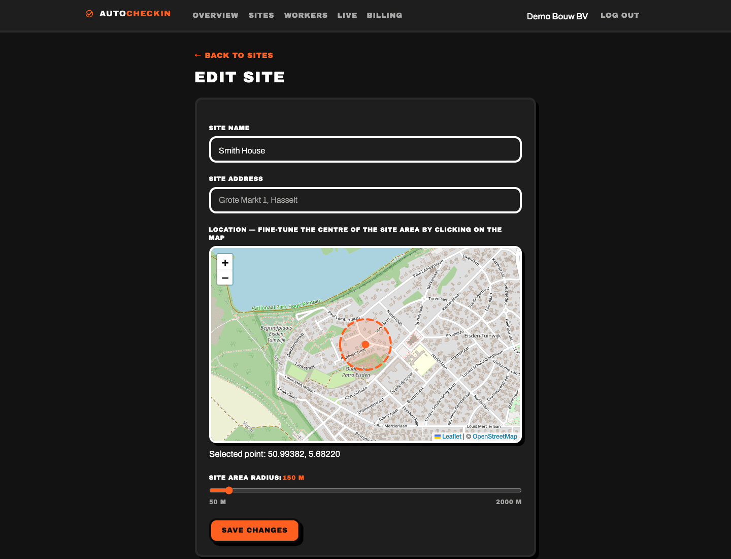 Creating a site in AutoCheckIn — enter the address and set the site zone on the map
