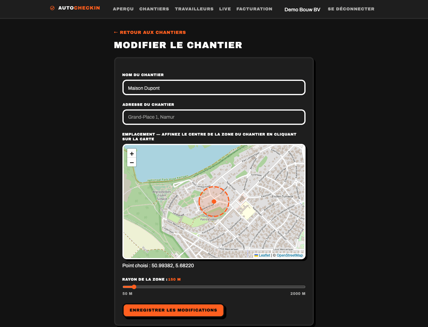 Créer un chantier dans AutoCheckIn — saisir l'adresse et définir la zone du chantier sur la carte
