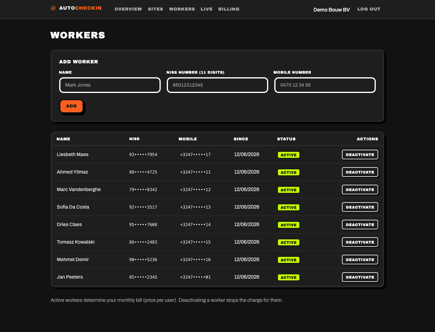 Managing employees in AutoCheckIn — add them with mobile number and national register number