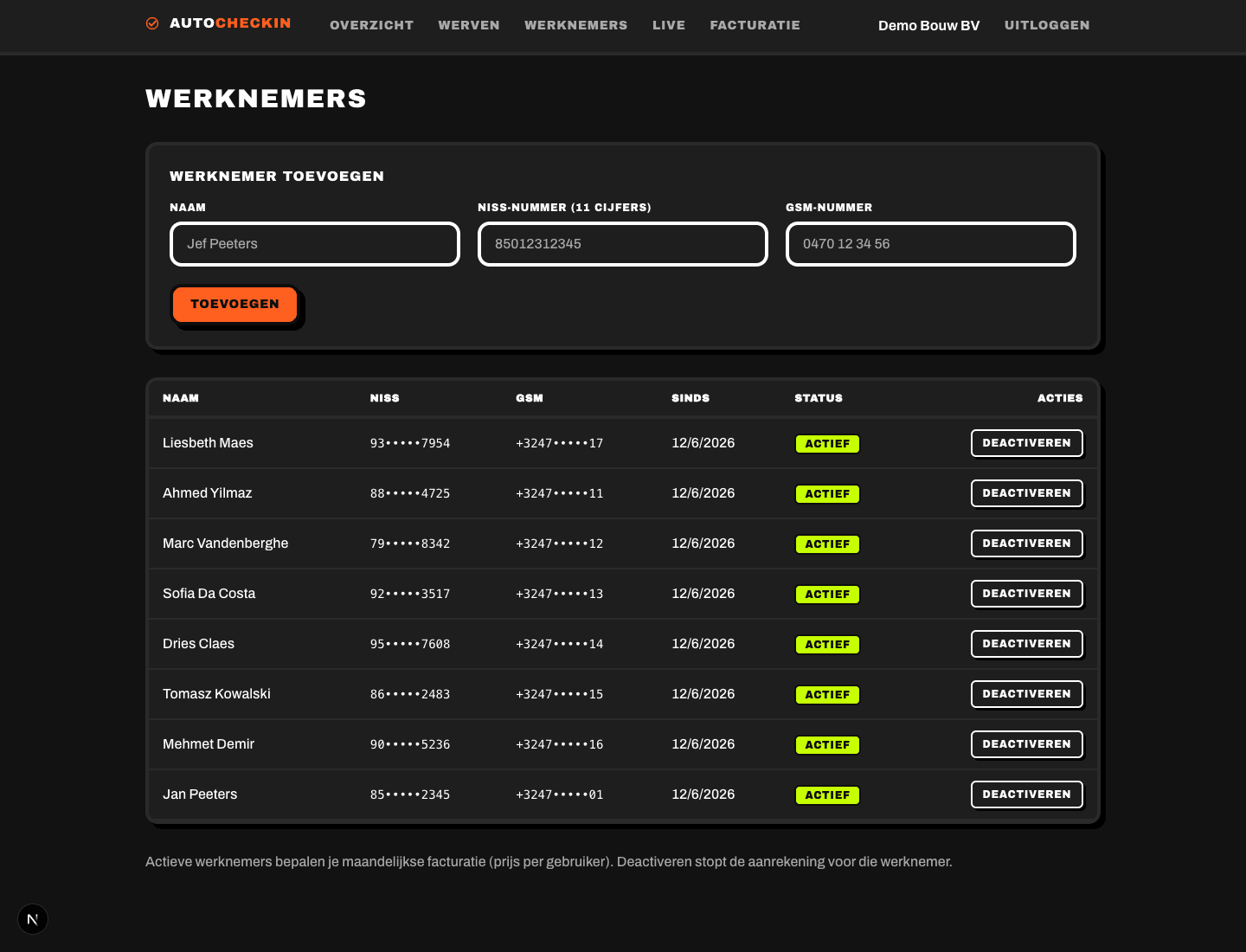 Werknemers beheren in AutoCheckIn — toevoegen met gsm-nummer en rijksregisternummer