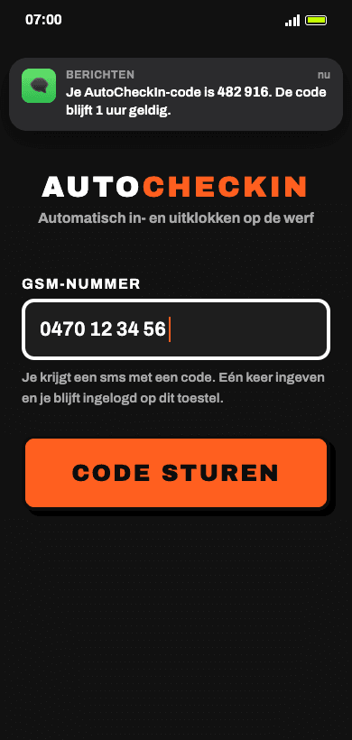 Stap 1 — gsm-nummer ingeven in de AutoCheckIn app, met de sms-melding die de code toont