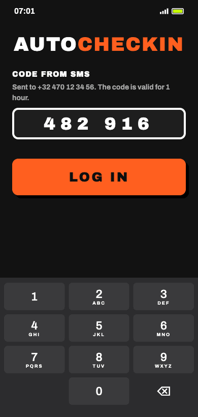 Entering the text-message code in the AutoCheckIn app