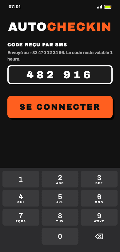 Saisie du code SMS dans l'app AutoCheckIn